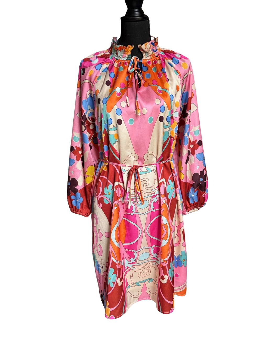 Ciebon Long Sleeve Ruffle Drawstring Neck Mini Dress (Pink Abstract) - Medium
